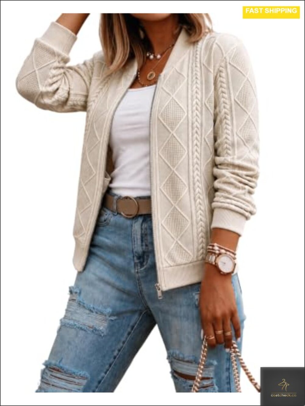 CHICME Women's Cable Casual Jacket Argyle Stand Collar Crop Coat